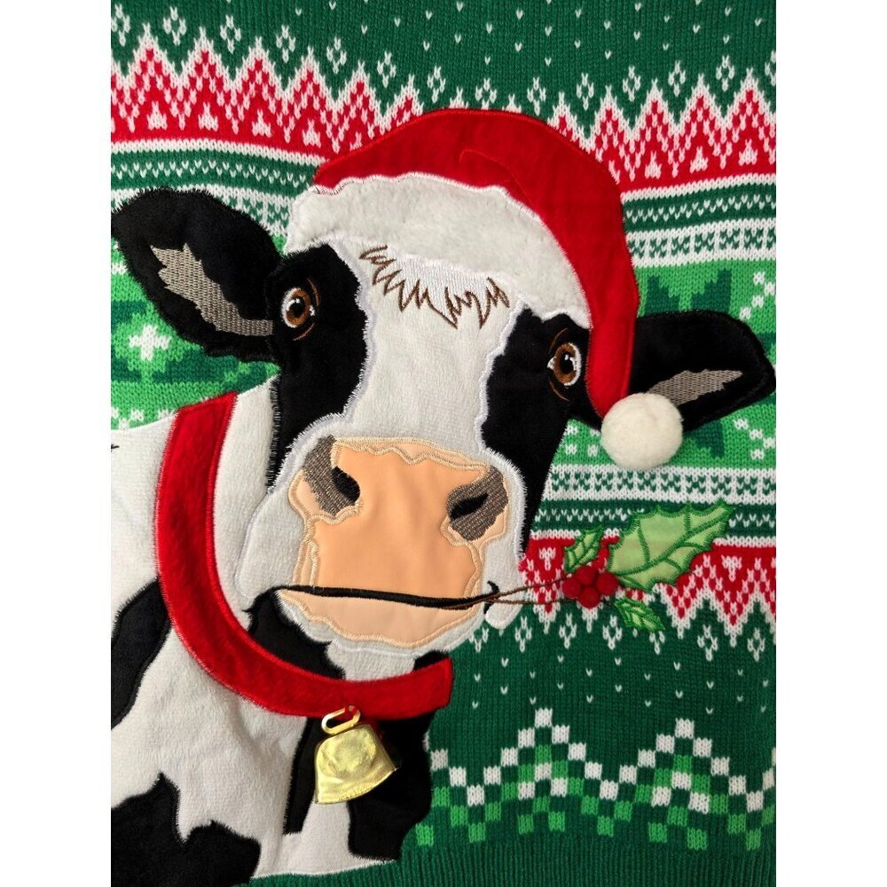3D Cow Ugly Christmas Sweater Unisex L Cowbell Pom-Pom Funny Novelty Holiday NEW